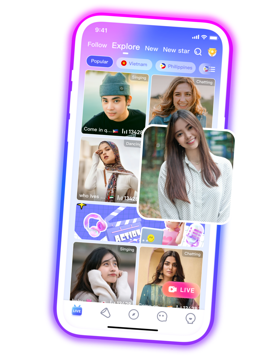 Poppo Live streaming app on smartphone showing Explore feed with live hosts for singing, chatting, and dancing