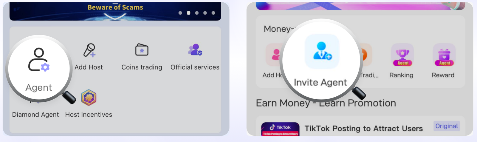 Poppo Live agent dashboard showing Agent menu and Invite Agent button in money-making tools