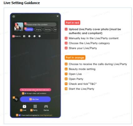 Poppo Live host go-live setup guide covering cover photo, content title, category tags, and social sharing options