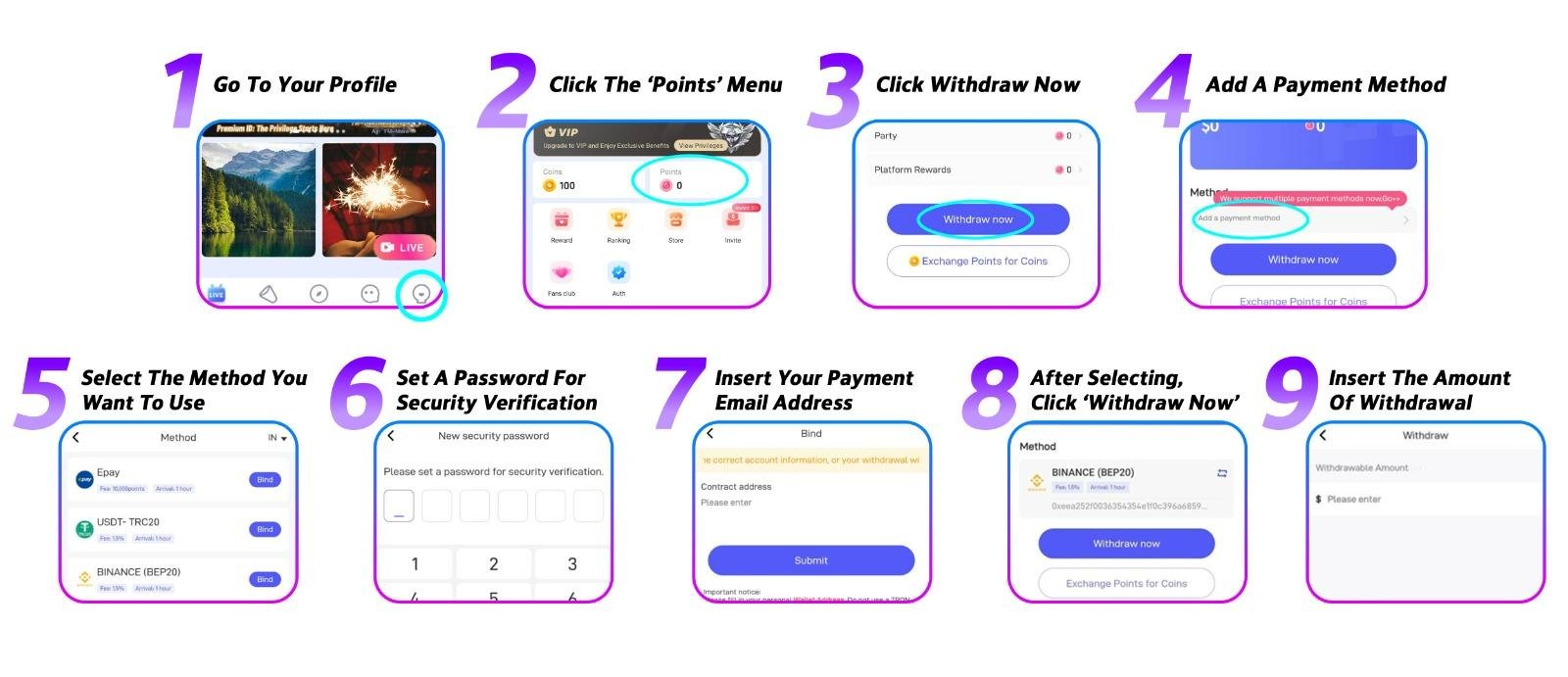 Poppo Live agent withdrawal tutorial — 9 steps from profile and Points menu to payment binding and submitting withdraw amount