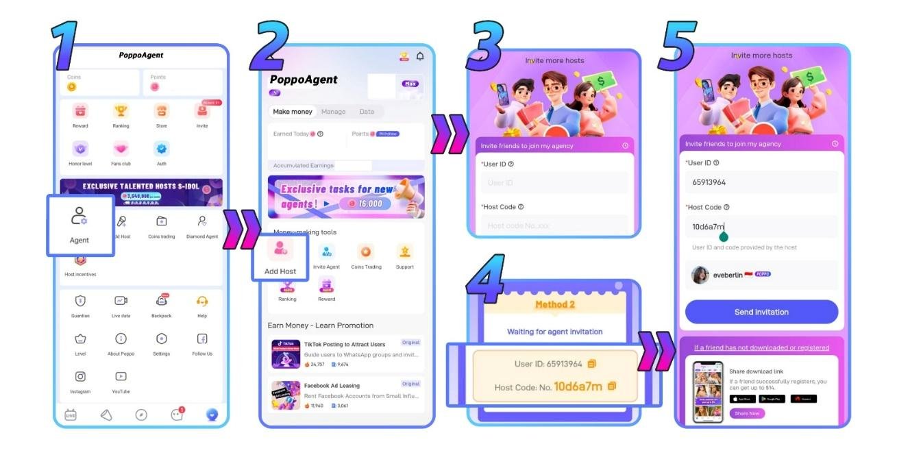 Poppo Live agent guide to invite hosts — open Agent menu, tap Add Host, and enter User ID and Host Code