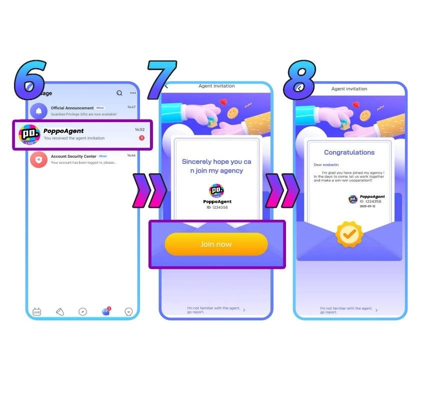 Poppo Live agent host invitation steps — send invitation, host receives message, accepts, and joins agency