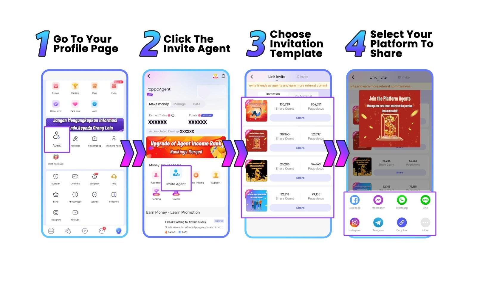 4-step Poppo Live guide to invite sub-agents — profile Agent menu, Invite Agent, choose template, and share on social platforms